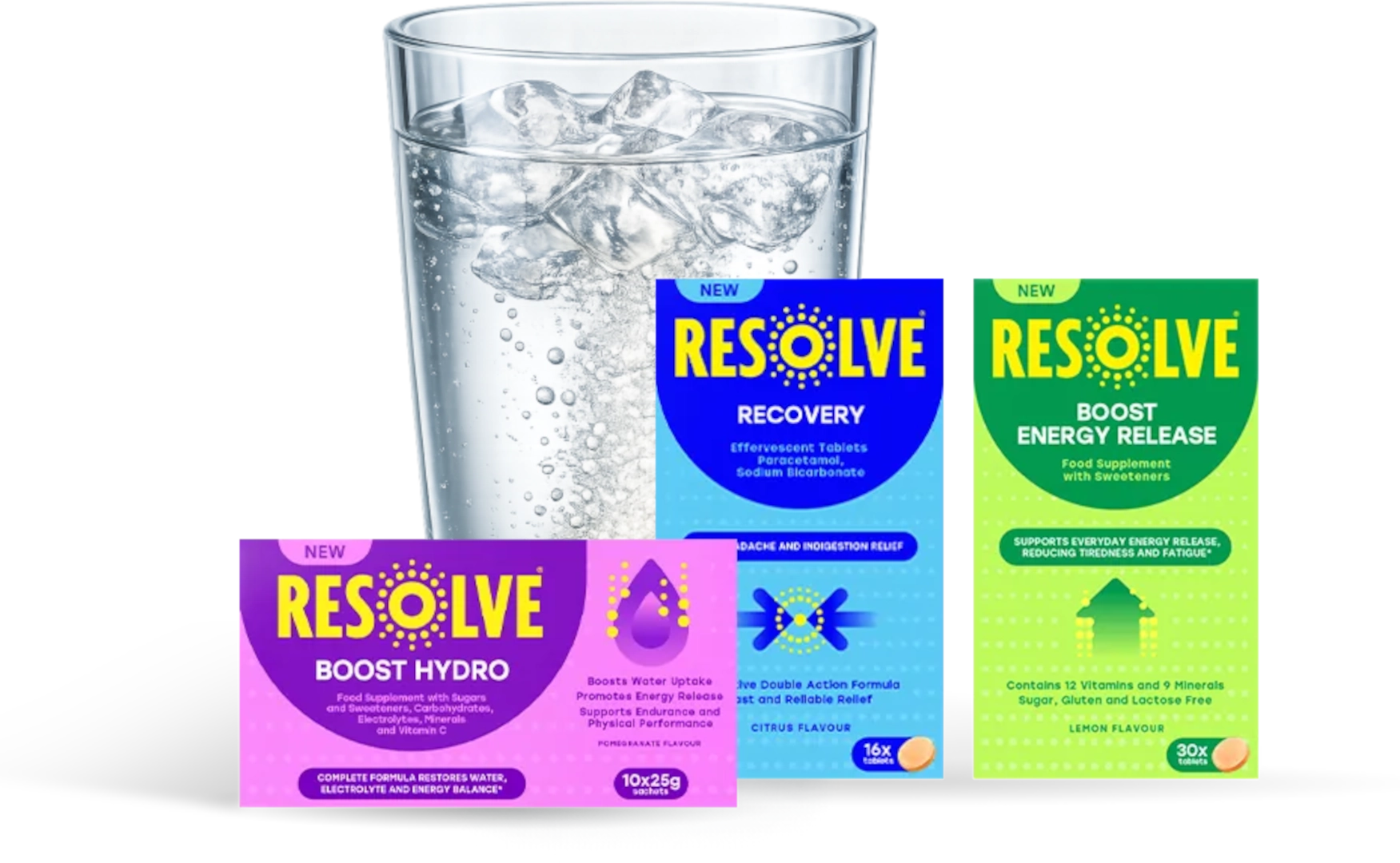 Pack shot image of all three Resolve products with a glass of water behind.