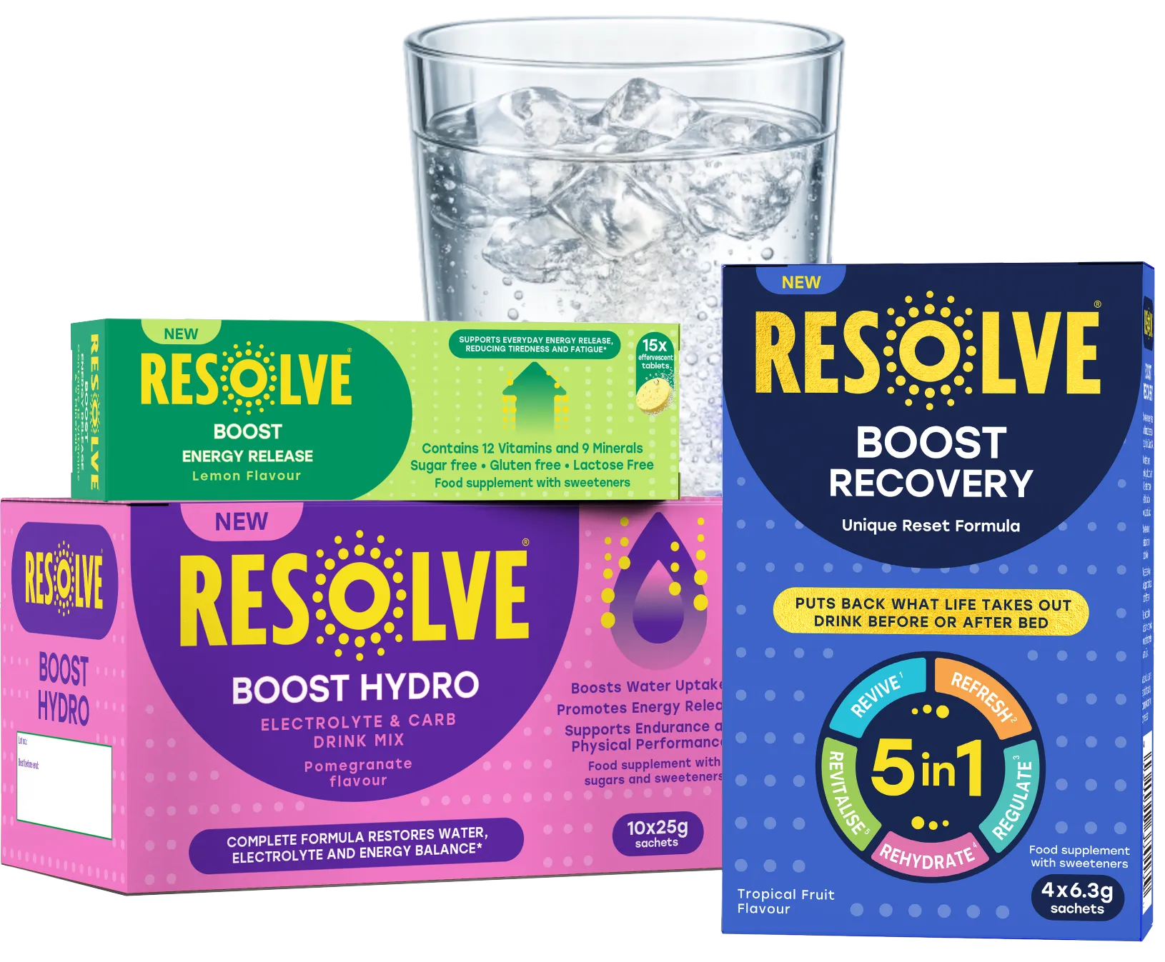 Pack shot image of all three Resolve products with a glass of water behind.